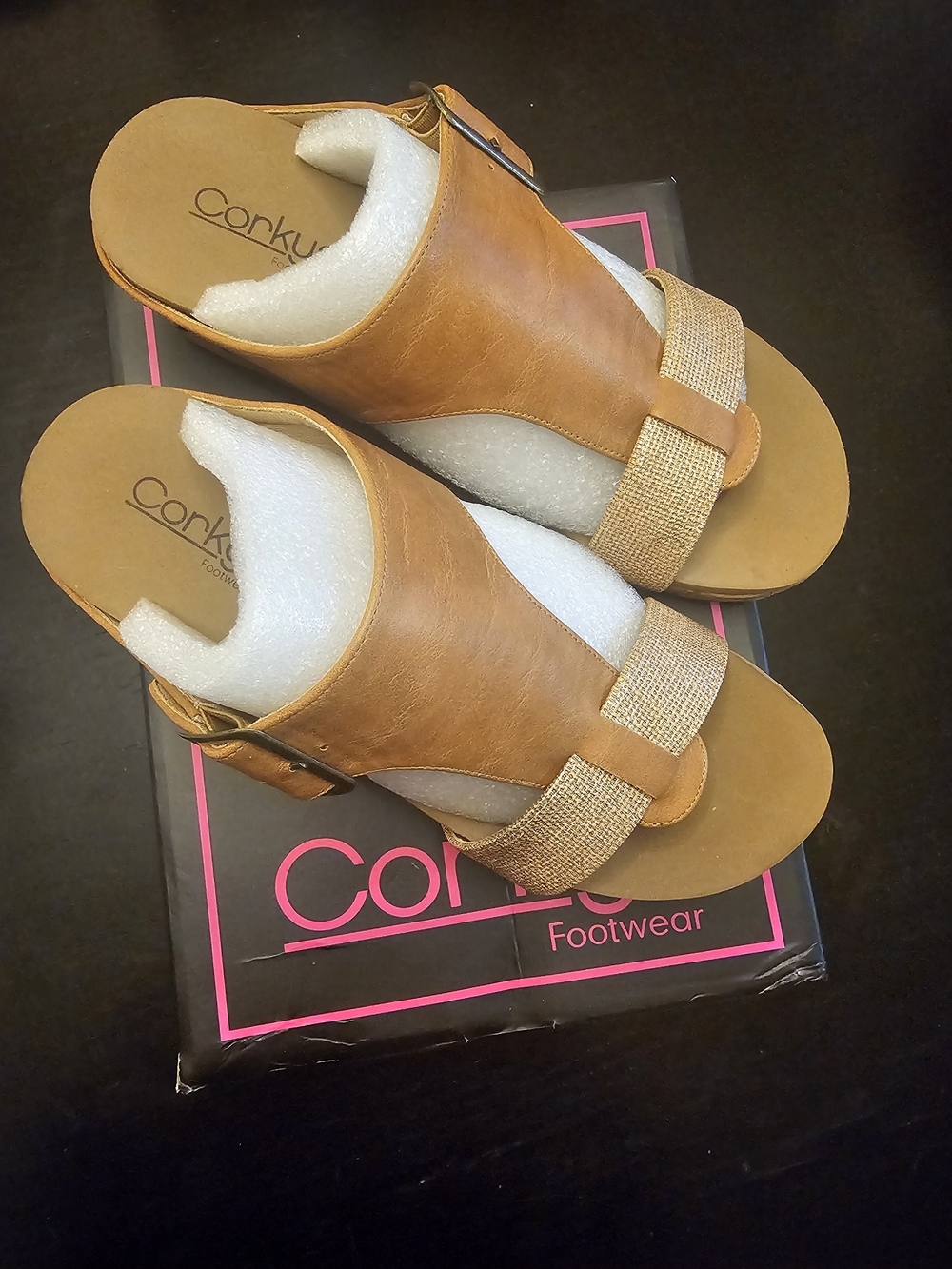 Corkys Tan Leather-Look Slide Mules with Woven Toe Strap